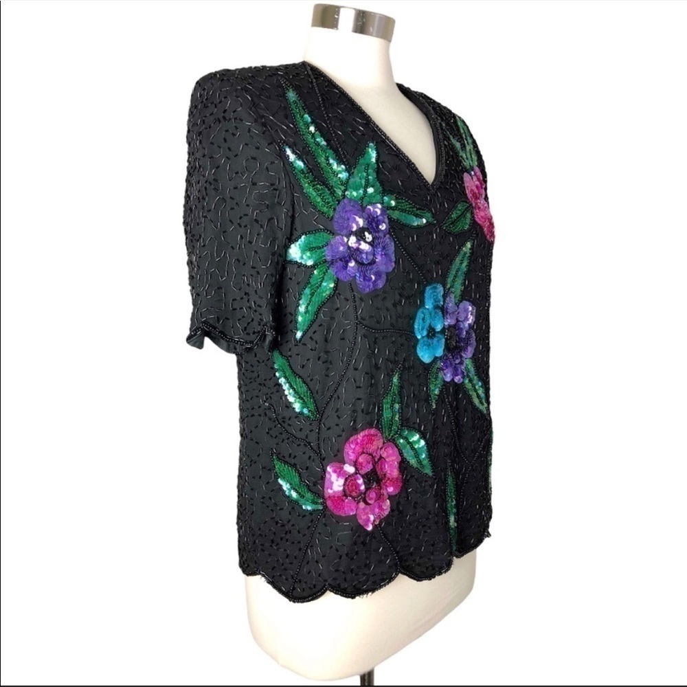 STENAY Vintage Silk Floral Sequin Beaded Blouse size L - Picture 2 of 12